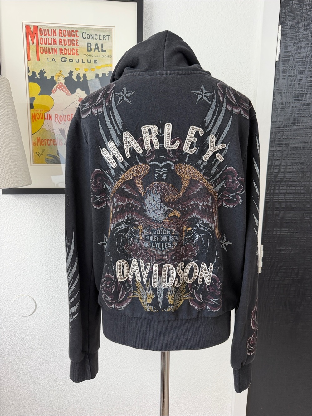 Harley Davidson Zip Up Hoodie Rose Sparrow Eagle Velvet Trim Sweatshirt Heavy - Picture 3 of 11
